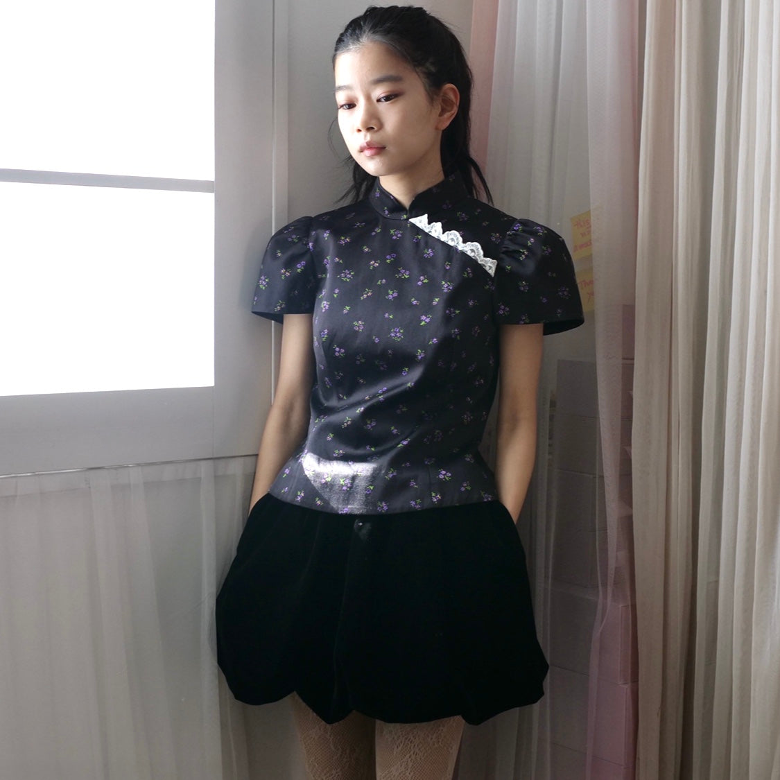 【SALE】SHUSHU/TONG  mandarin collar top / PRINTING