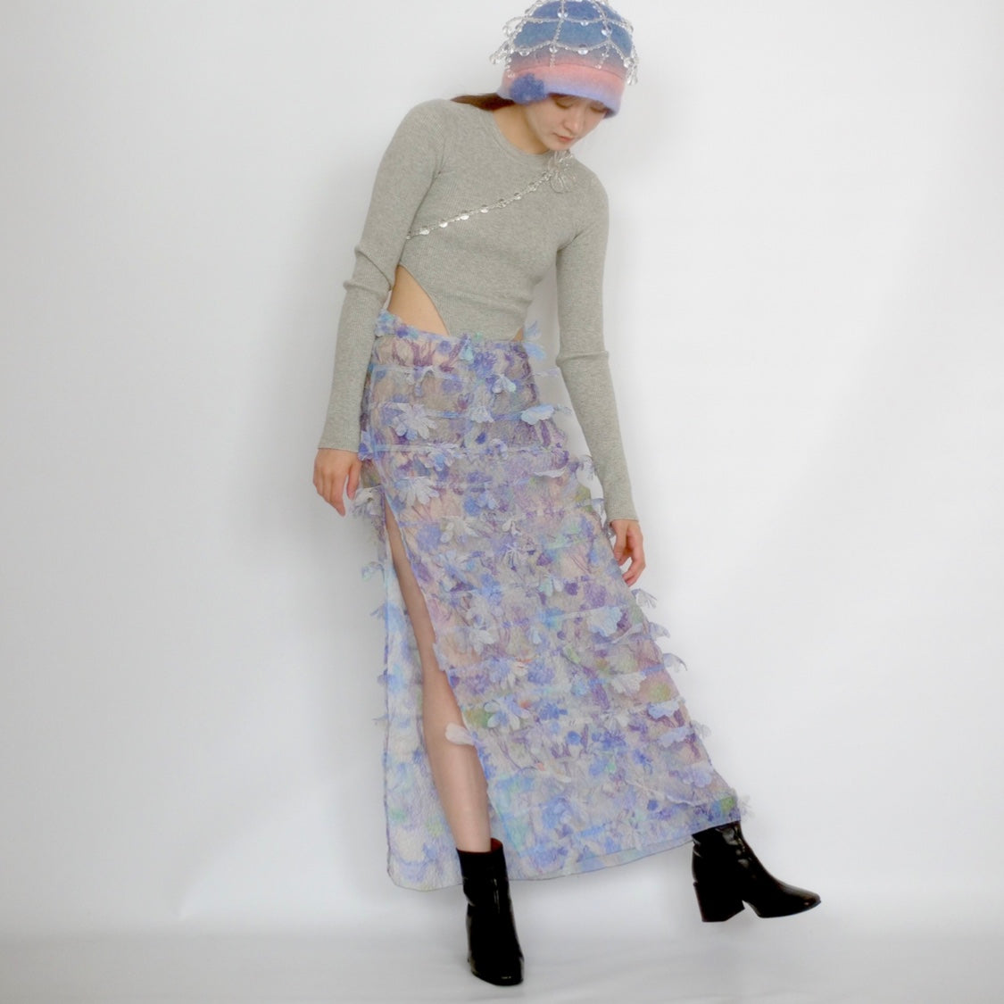 SUSAN FANG　FLOWER-LASER CUT SKIRT / BLUE